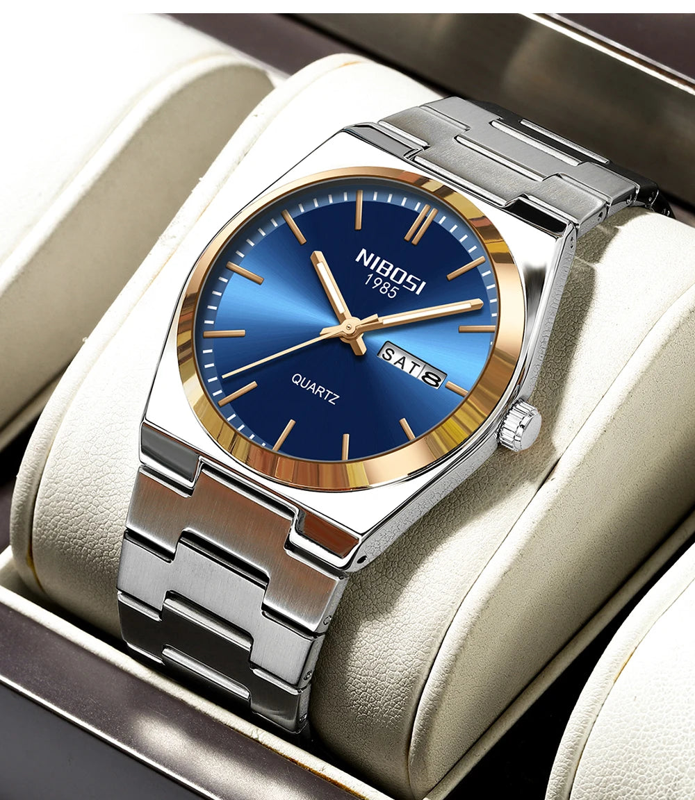 Montre de luxe NIBOSI pour homme, étanche, lumineuse, date, jour, acier inoxydable, montre homme décontractée, quartz, montre homme + boîte