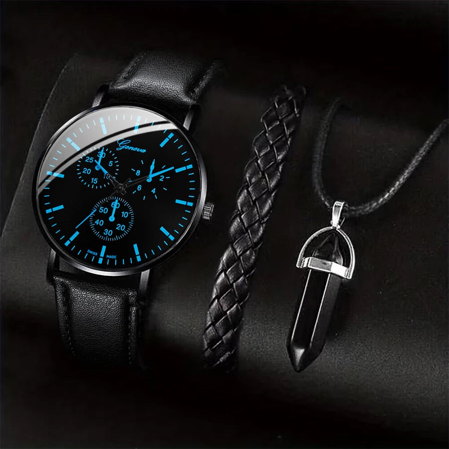 3 pièces/ensemble hommes montres d'affaires bracelet en cuir décontracté analogique montre à Quartz pour hommes collier Bracelet ensemble