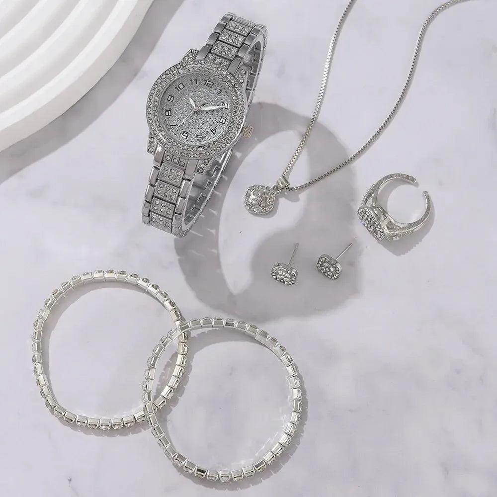 6PCS femmes montre de luxe élégant alliage montre-bracelet en cristal pour dames cadeau montre à Quartz