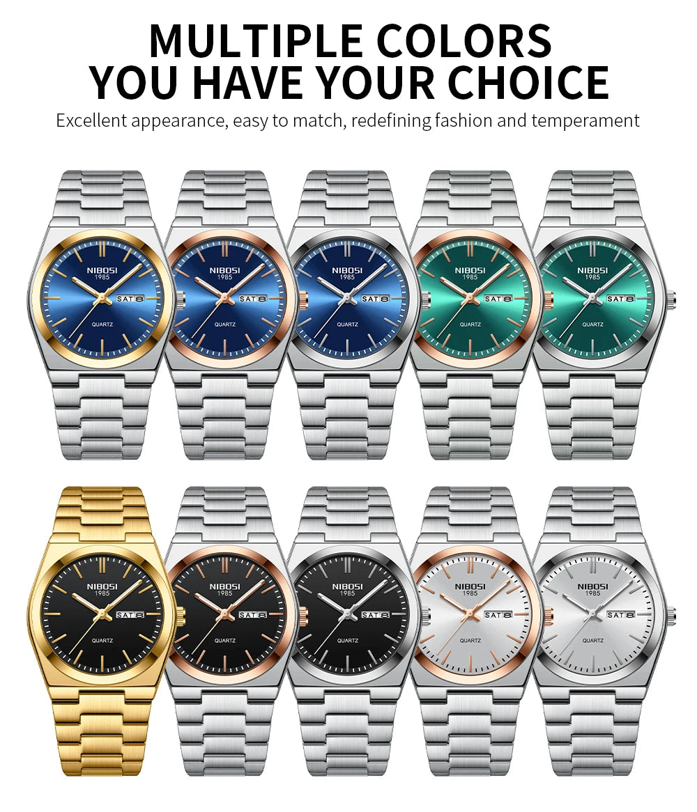 Montre de luxe NIBOSI pour homme, étanche, lumineuse, date, jour, acier inoxydable, montre homme décontractée, quartz, montre homme + boîte