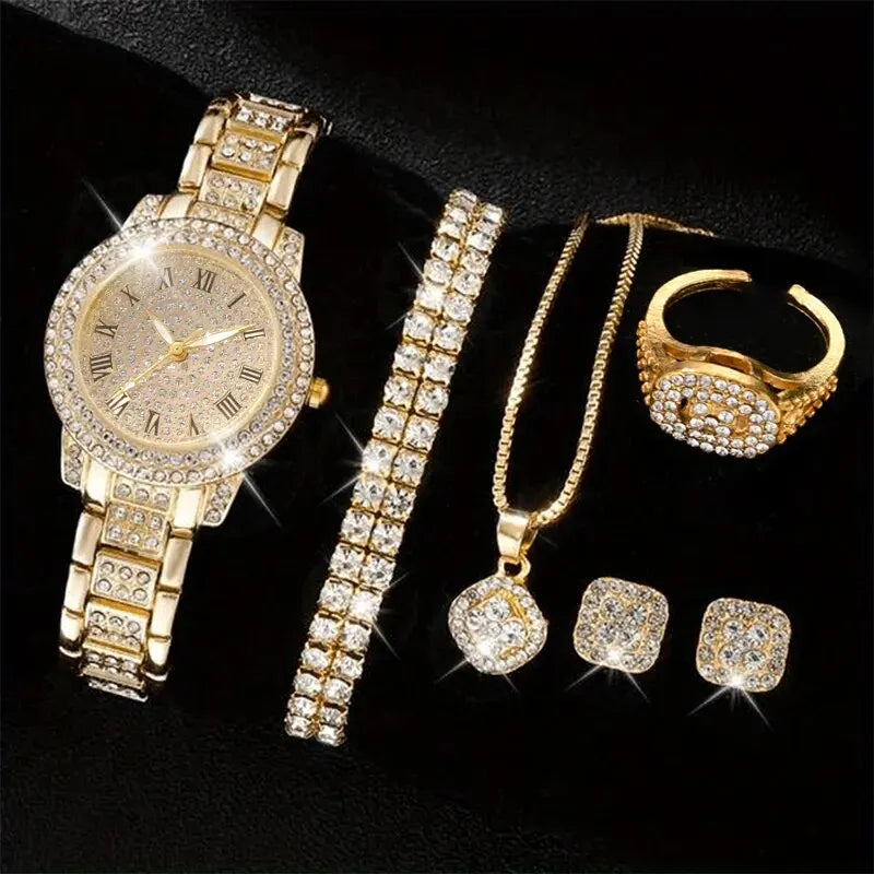 6PCS femmes montre de luxe élégant alliage montre-bracelet en cristal pour dames cadeau montre à Quartz