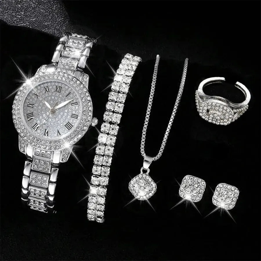 6PCS femmes montre de luxe élégant alliage montre-bracelet en cristal pour dames cadeau montre à Quartz