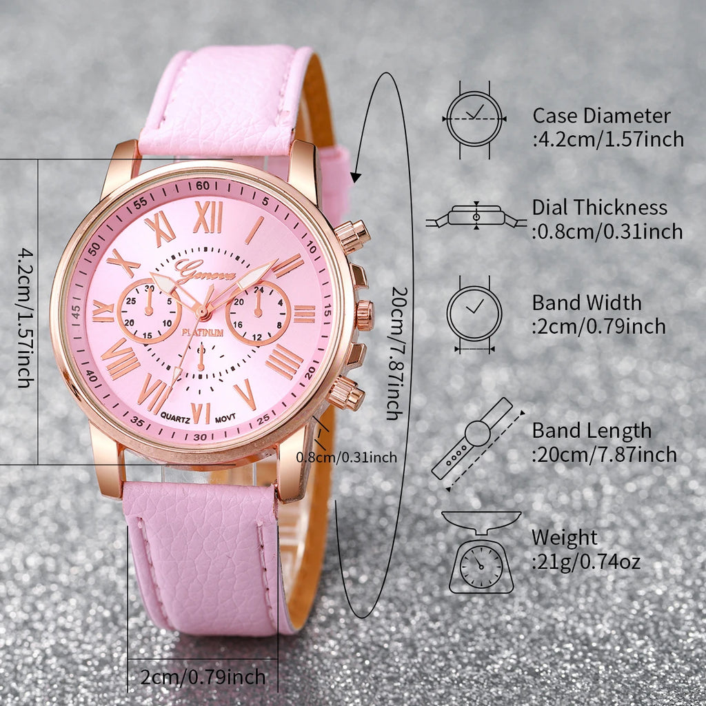 Montre à quartz avec bracelet en cuir pour femme, montres-bracelets analogiques, ensemble de bijoux en biscuits coeur, mode, sans boîte, 5 pièces, 6 pièces