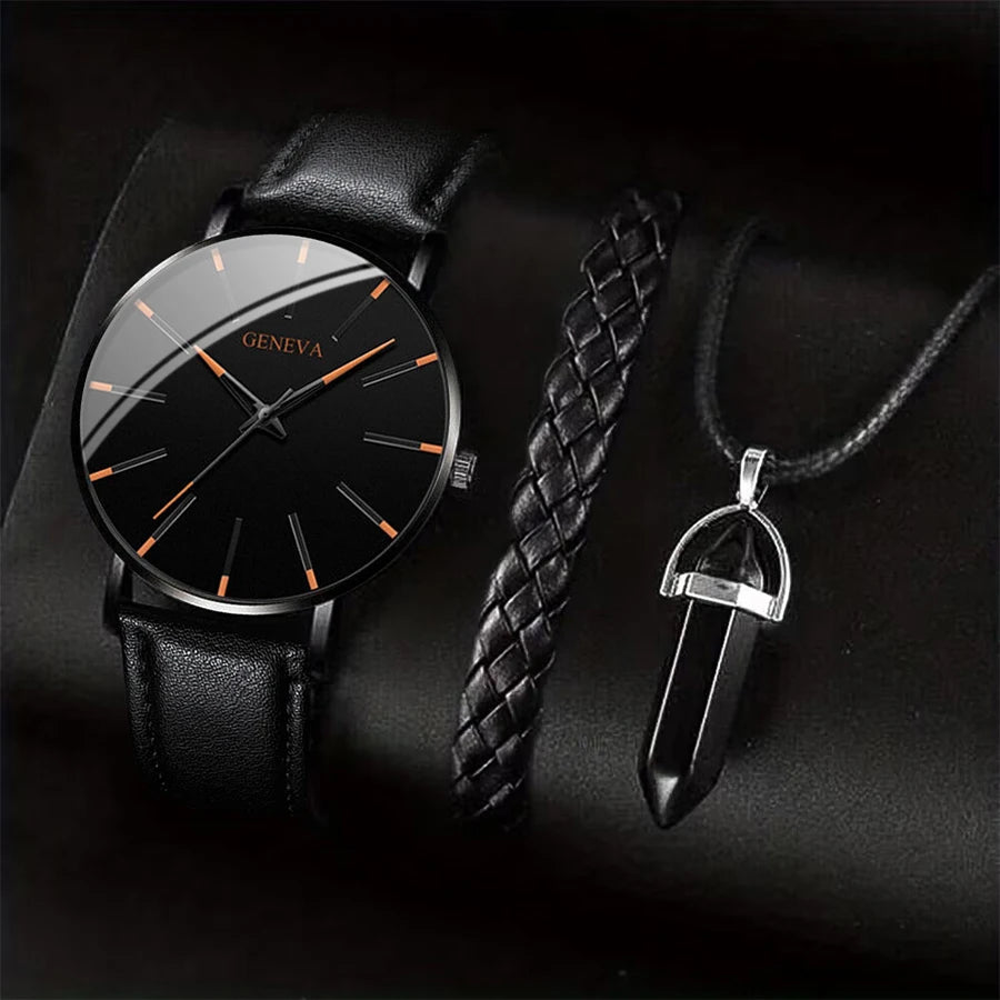 3 pièces/ensemble hommes montres d'affaires bracelet en cuir décontracté analogique montre à Quartz pour hommes collier Bracelet ensemble