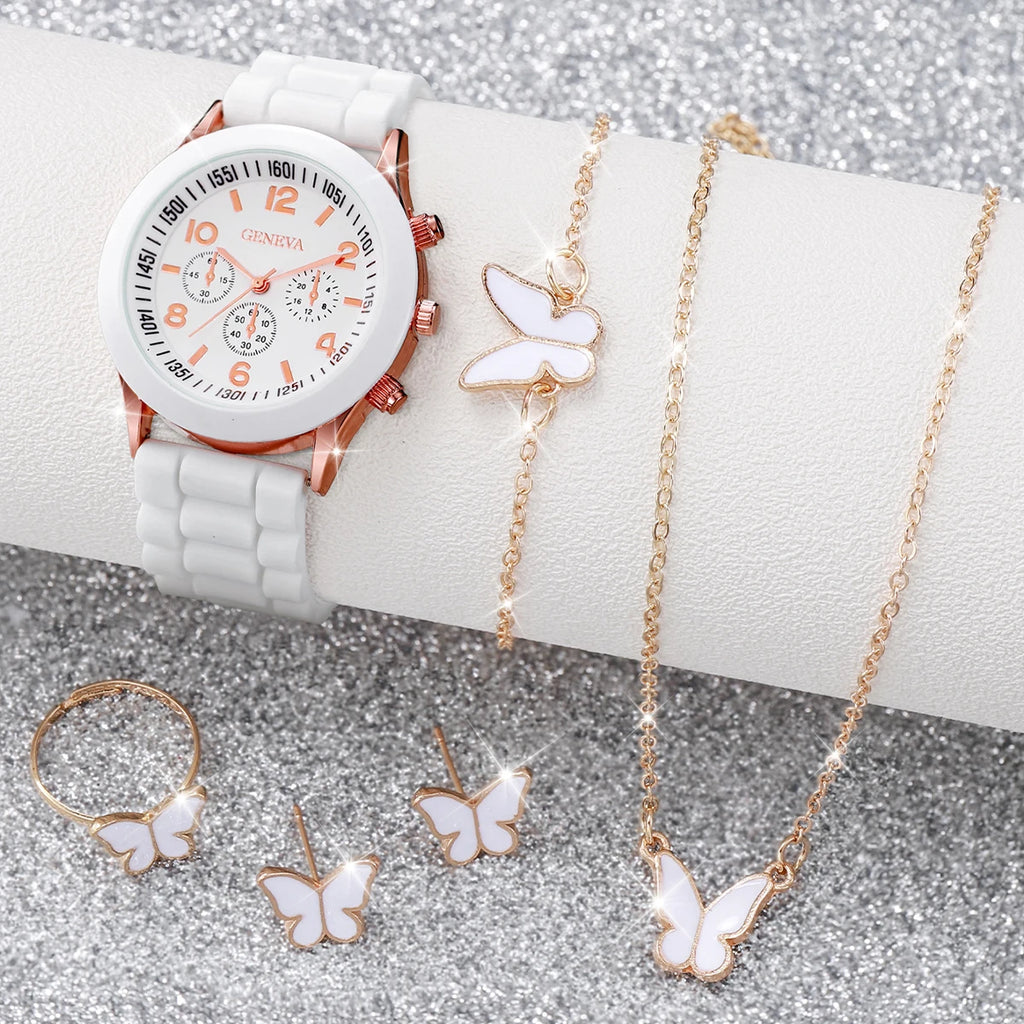 Ensemble de montres à quartz avec bracelet en silicone pour femme, horloge à la mode, cadeau pour fille, sans boîte, 5 pièces, 6 pièces