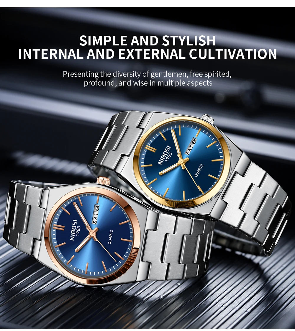 Montre de luxe NIBOSI pour homme, étanche, lumineuse, date, jour, acier inoxydable, montre homme décontractée, quartz, montre homme + boîte