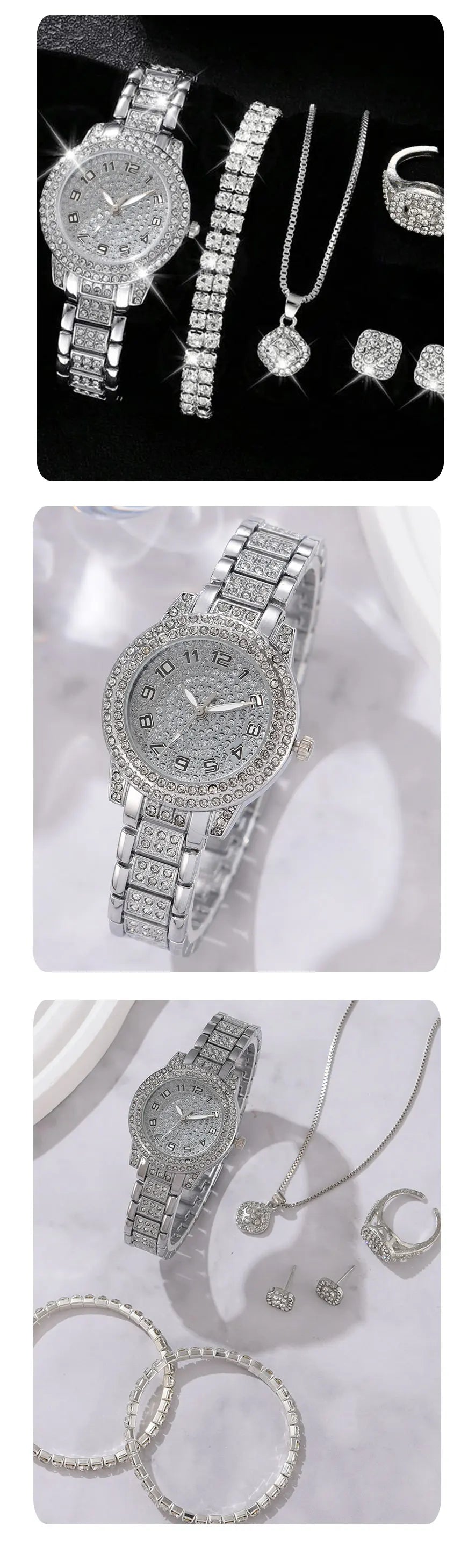 6PCS femmes montre de luxe élégant alliage montre-bracelet en cristal pour dames cadeau montre à Quartz