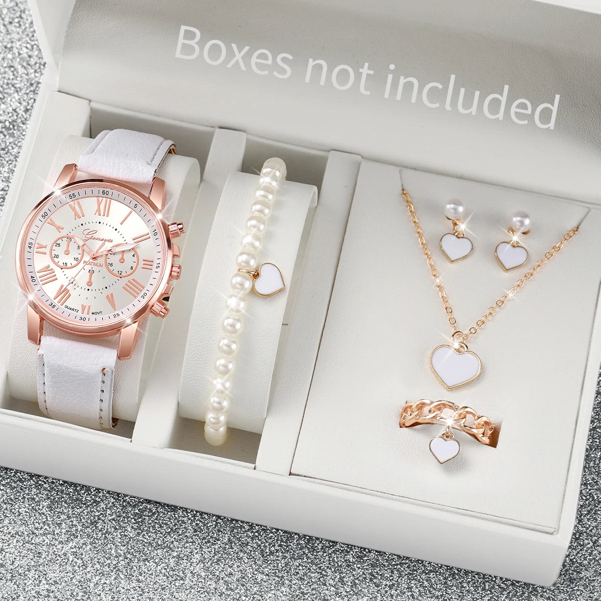 Montre à quartz avec bracelet en cuir pour femme, montres-bracelets analogiques, ensemble de bijoux en biscuits coeur, mode, sans boîte, 5 pièces, 6 pièces
