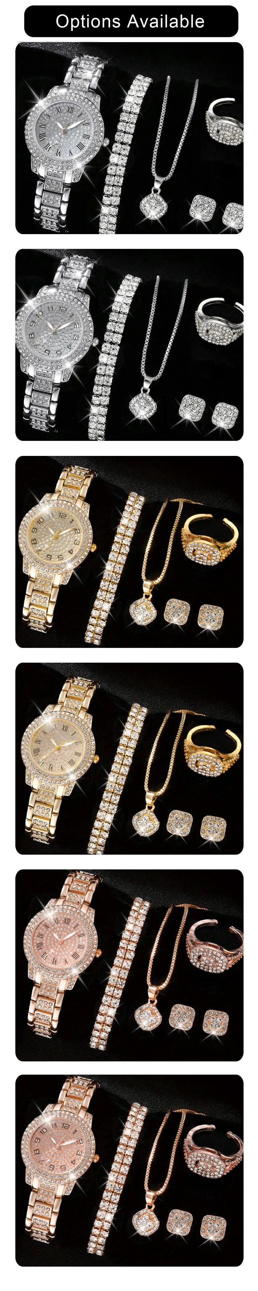 6PCS femmes montre de luxe élégant alliage montre-bracelet en cristal pour dames cadeau montre à Quartz
