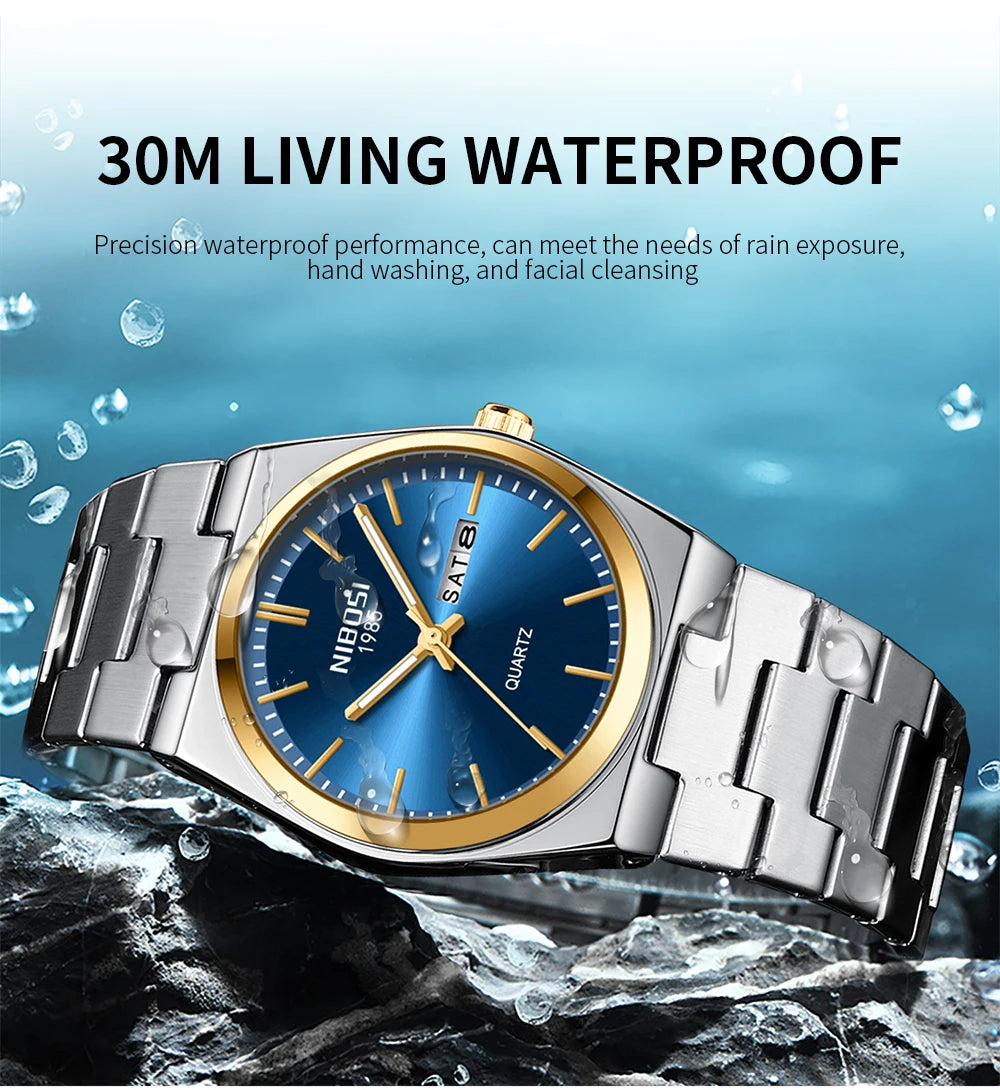 Montre de luxe NIBOSI pour homme, étanche, lumineuse, date, jour, acier inoxydable, montre homme décontractée, quartz, montre homme + boîte