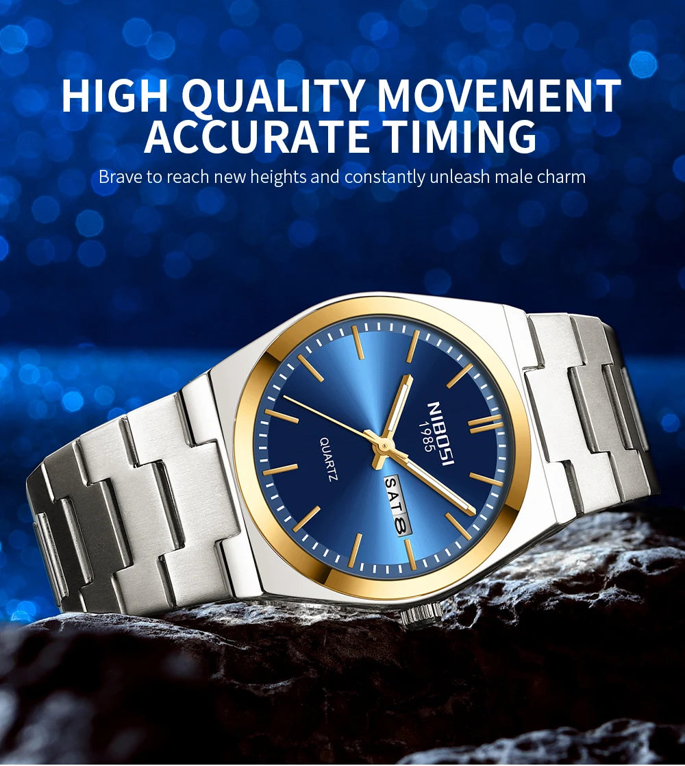 Montre de luxe NIBOSI pour homme, étanche, lumineuse, date, jour, acier inoxydable, montre homme décontractée, quartz, montre homme + boîte