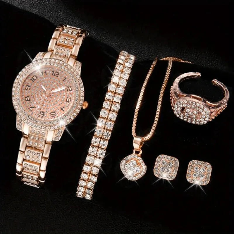 6PCS femmes montre de luxe élégant alliage montre-bracelet en cristal pour dames cadeau montre à Quartz