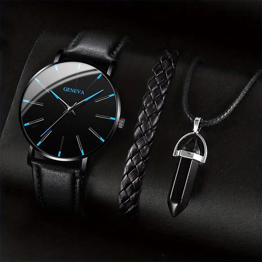 3 pièces/ensemble hommes montres d'affaires bracelet en cuir décontracté analogique montre à Quartz pour hommes collier Bracelet ensemble