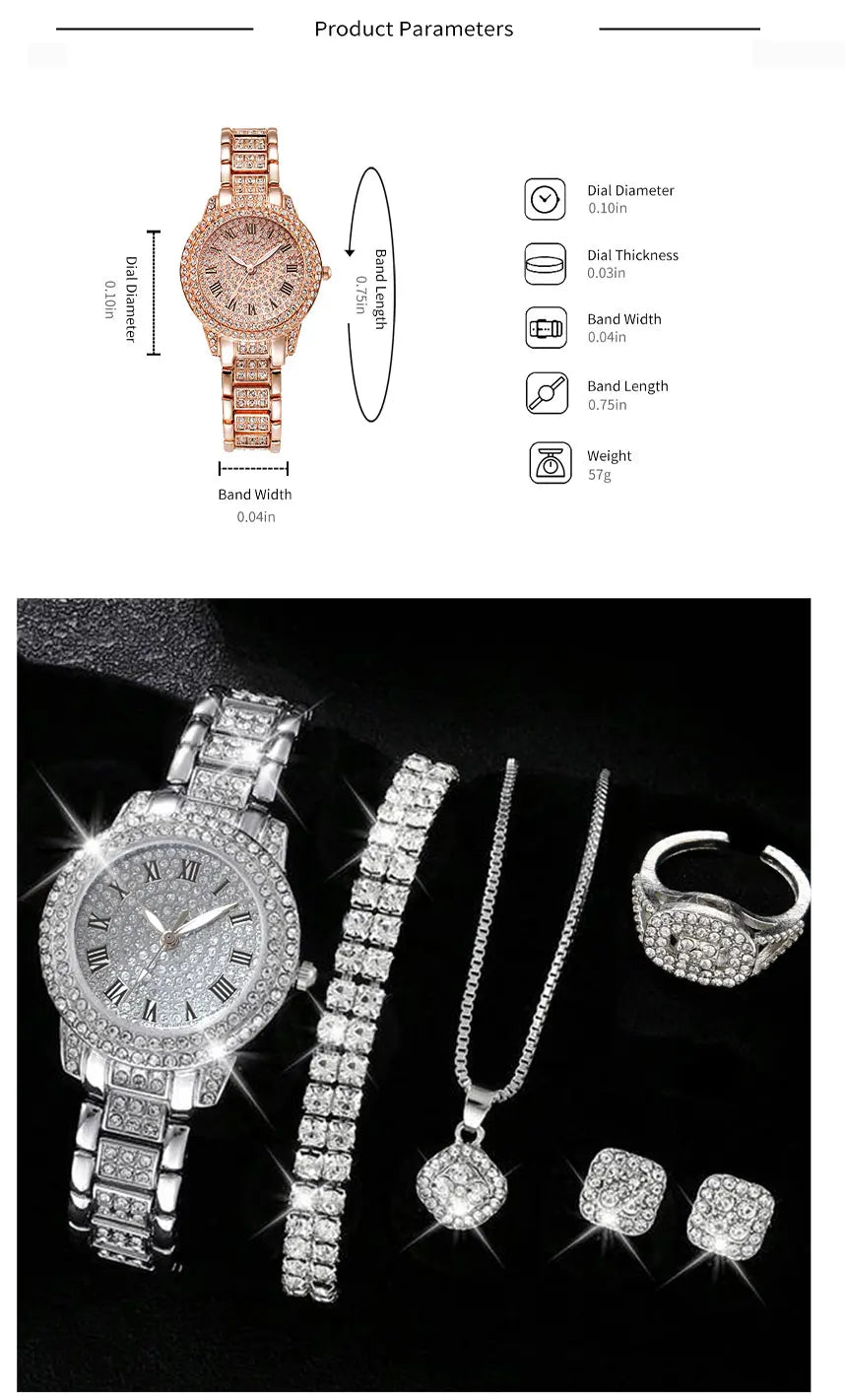 6PCS femmes montre de luxe élégant alliage montre-bracelet en cristal pour dames cadeau montre à Quartz