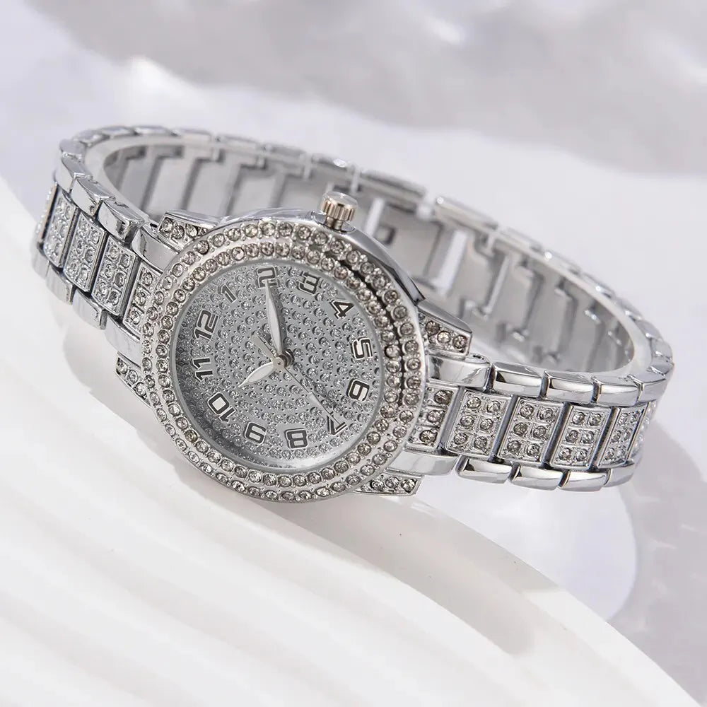 6PCS femmes montre de luxe élégant alliage montre-bracelet en cristal pour dames cadeau montre à Quartz
