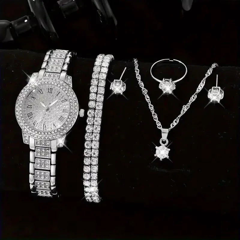 6PCS femmes montre de luxe élégant alliage montre-bracelet en cristal pour dames cadeau montre à Quartz