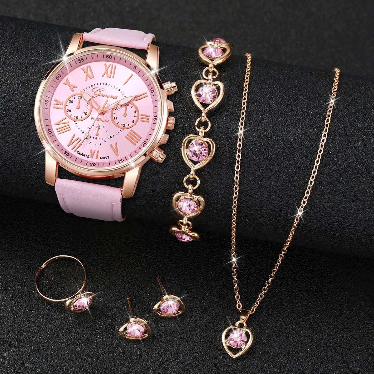 Montre à quartz avec bracelet en cuir pour femme, montres-bracelets analogiques, ensemble de bijoux en biscuits coeur, mode, sans boîte, 5 pièces, 6 pièces