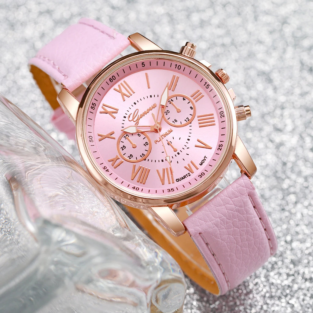 Montre à quartz avec bracelet en cuir pour femme, montres-bracelets analogiques, ensemble de bijoux en biscuits coeur, mode, sans boîte, 5 pièces, 6 pièces
