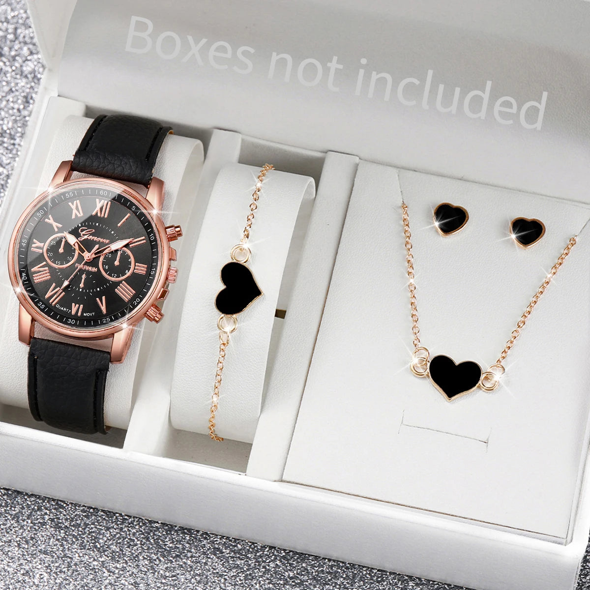 Montre à quartz avec bracelet en cuir pour femme, montres-bracelets analogiques, ensemble de bijoux en biscuits coeur, mode, sans boîte, 5 pièces, 6 pièces