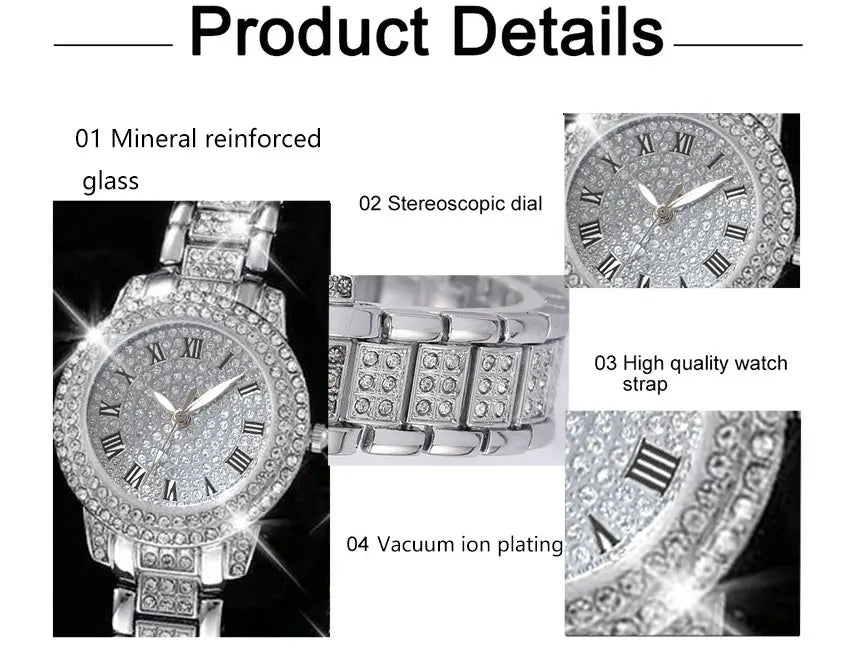 6PCS femmes montre de luxe élégant alliage montre-bracelet en cristal pour dames cadeau montre à Quartz