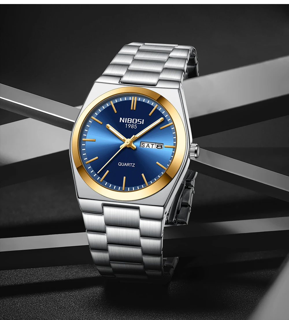 Montre de luxe NIBOSI pour homme, étanche, lumineuse, date, jour, acier inoxydable, montre homme décontractée, quartz, montre homme + boîte