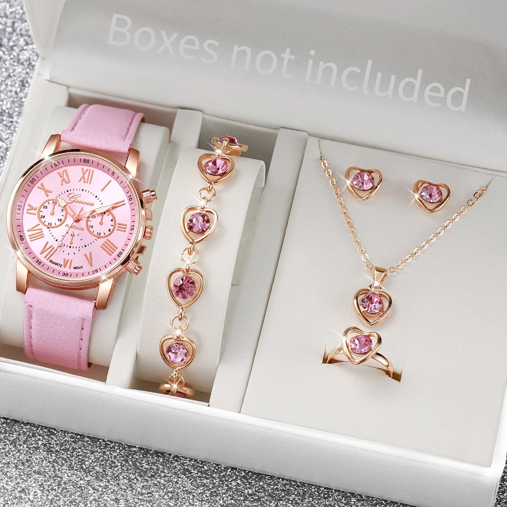 Montre à quartz avec bracelet en cuir pour femme, montres-bracelets analogiques, ensemble de bijoux en biscuits coeur, mode, sans boîte, 5 pièces, 6 pièces