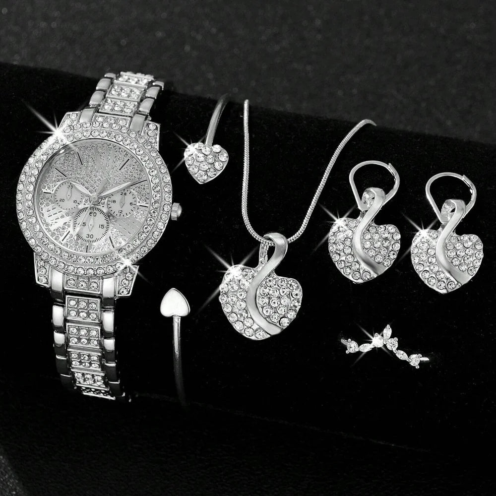 Montre à Quartz pour femmes or luxe femmes bague collier boucle d'oreille strass mode montre-bracelet décontracté dames montres ensemble de bijoux ﻿