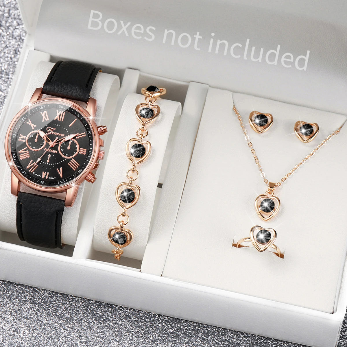Montre à quartz avec bracelet en cuir pour femme, montres-bracelets analogiques, ensemble de bijoux en biscuits coeur, mode, sans boîte, 5 pièces, 6 pièces