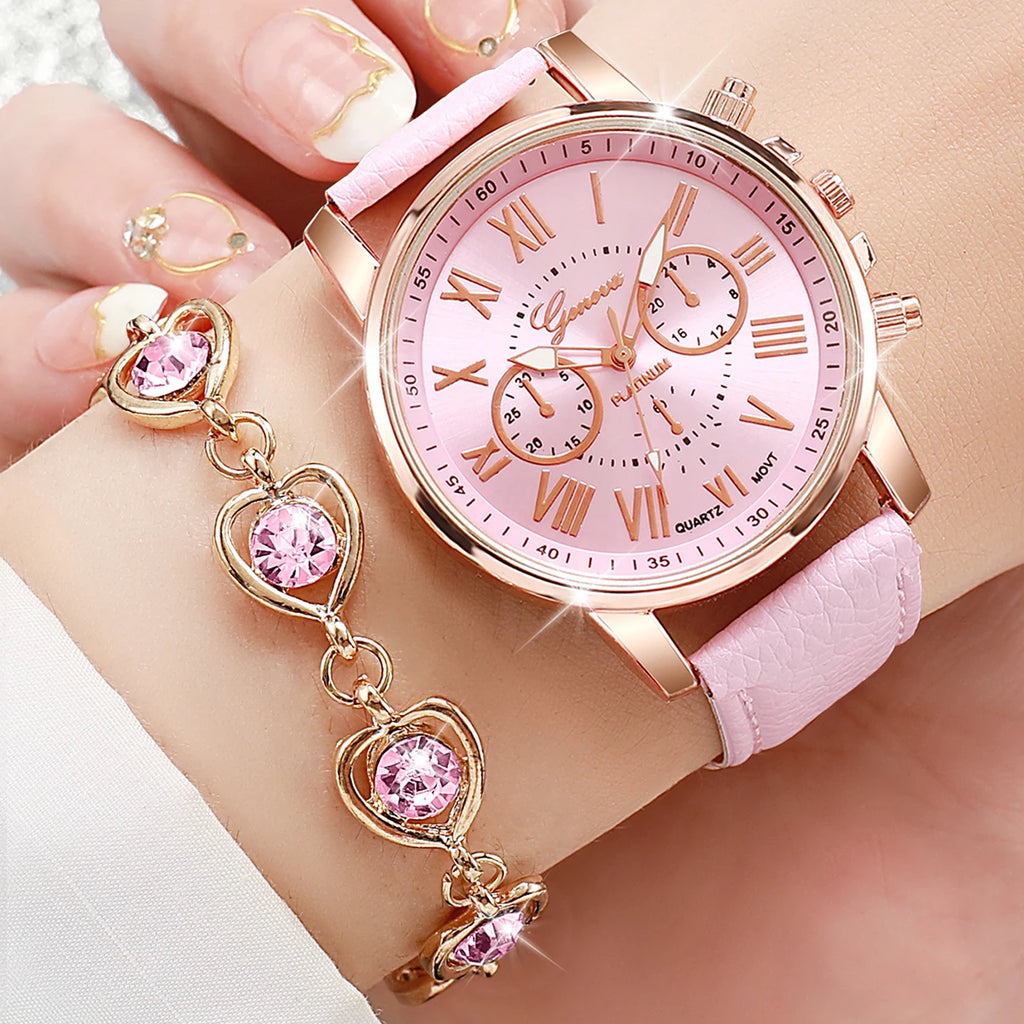 Montre à quartz avec bracelet en cuir pour femme, montres-bracelets analogiques, ensemble de bijoux en biscuits coeur, mode, sans boîte, 5 pièces, 6 pièces