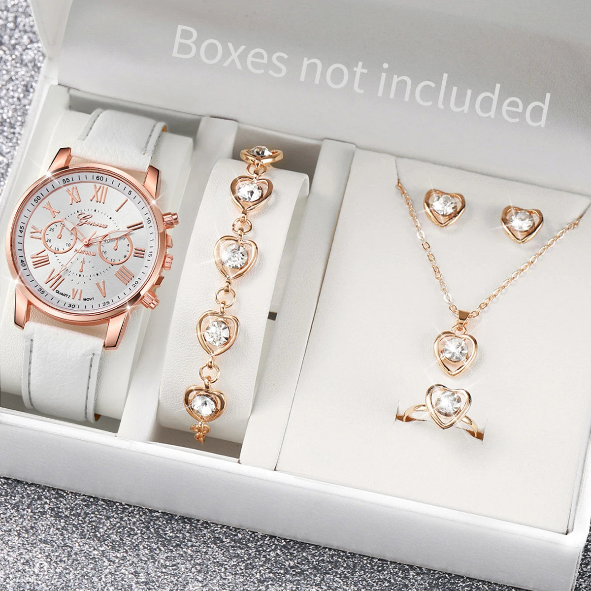 Montre à quartz avec bracelet en cuir pour femme, montres-bracelets analogiques, ensemble de bijoux en biscuits coeur, mode, sans boîte, 5 pièces, 6 pièces