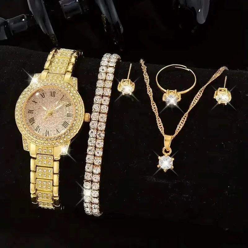 6PCS femmes montre de luxe élégant alliage montre-bracelet en cristal pour dames cadeau montre à Quartz