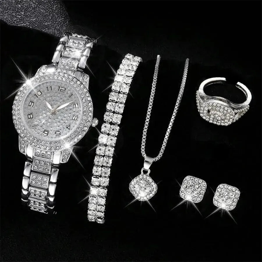 6PCS femmes montre de luxe élégant alliage montre-bracelet en cristal pour dames cadeau montre à Quartz