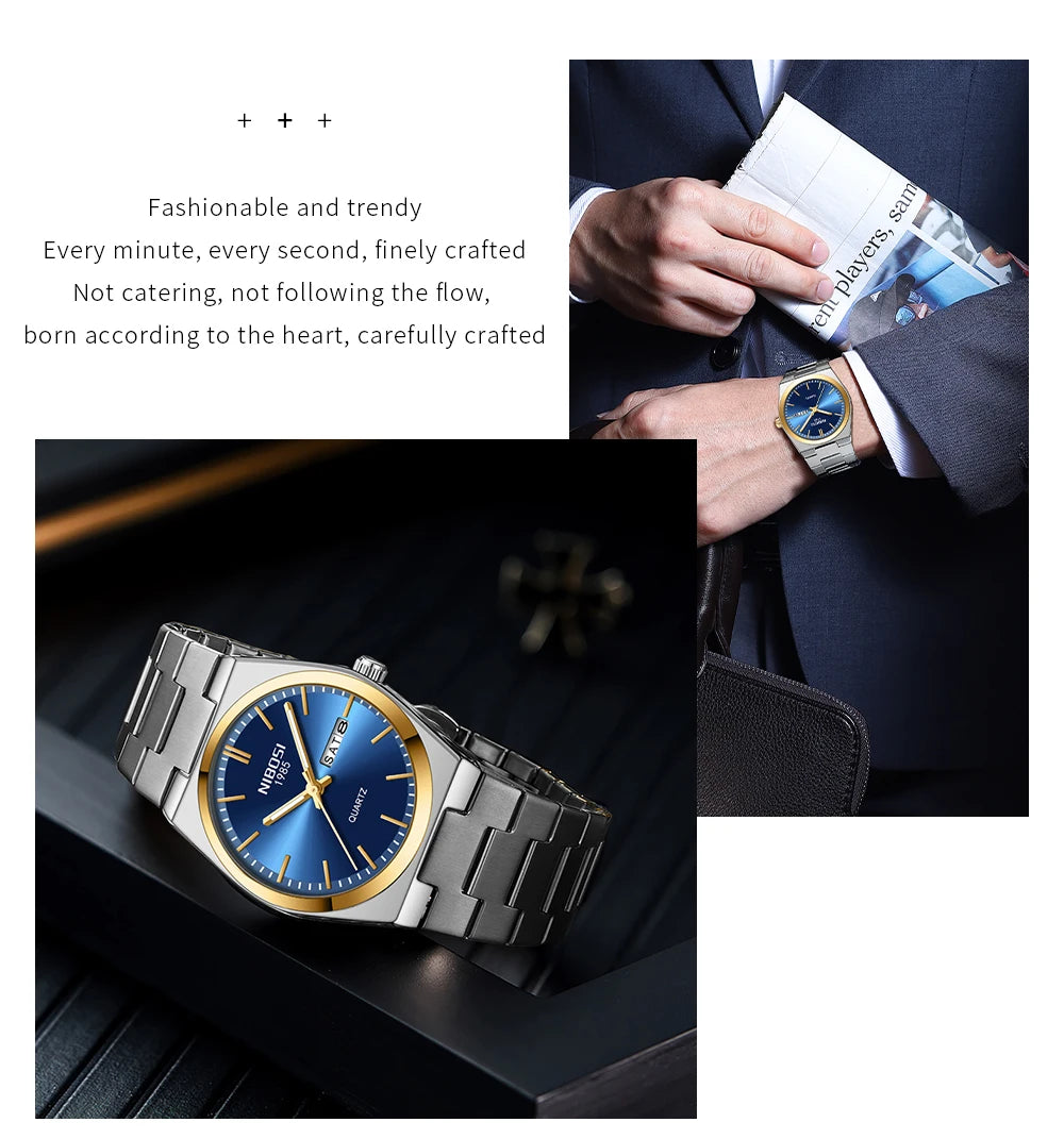 Montre de luxe NIBOSI pour homme, étanche, lumineuse, date, jour, acier inoxydable, montre homme décontractée, quartz, montre homme + boîte