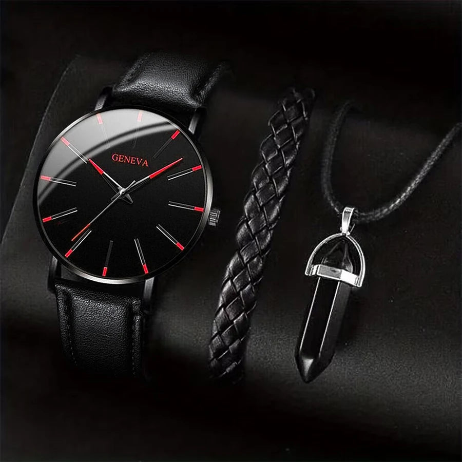 3 pièces/ensemble hommes montres d'affaires bracelet en cuir décontracté analogique montre à Quartz pour hommes collier Bracelet ensemble