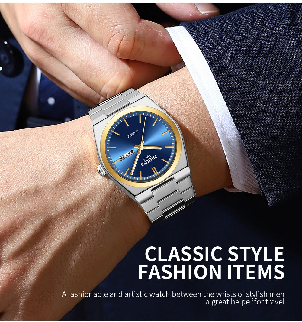 Montre de luxe NIBOSI pour homme, étanche, lumineuse, date, jour, acier inoxydable, montre homme décontractée, quartz, montre homme + boîte