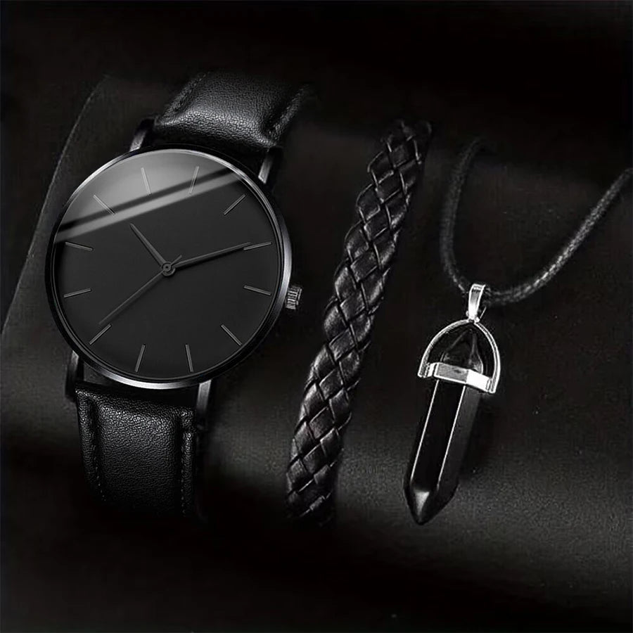 3 pièces/ensemble hommes montres d'affaires bracelet en cuir décontracté analogique montre à Quartz pour hommes collier Bracelet ensemble