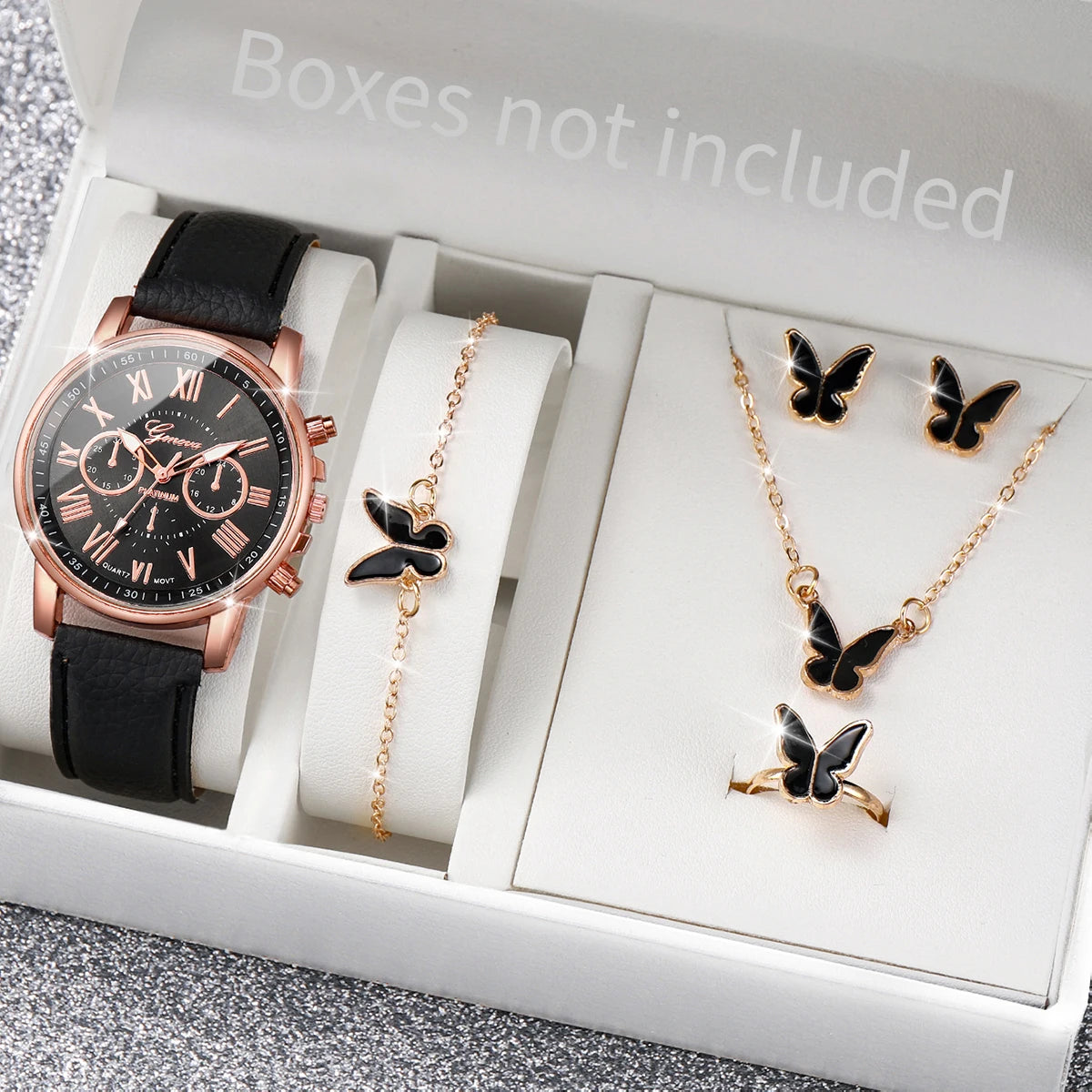 Montre à quartz avec bracelet en cuir pour femme, montres-bracelets analogiques, ensemble de bijoux en biscuits coeur, mode, sans boîte, 5 pièces, 6 pièces