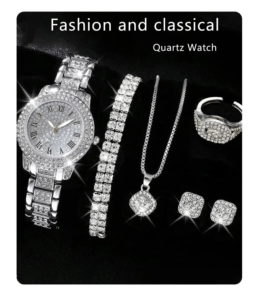 6PCS femmes montre de luxe élégant alliage montre-bracelet en cristal pour dames cadeau montre à Quartz